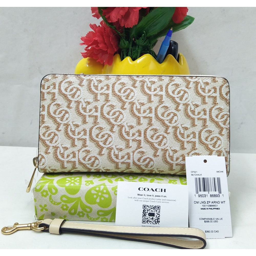 Coach Chalk Leather Monogram Print Wrist Strap Zip Around Wallet - NWT $298